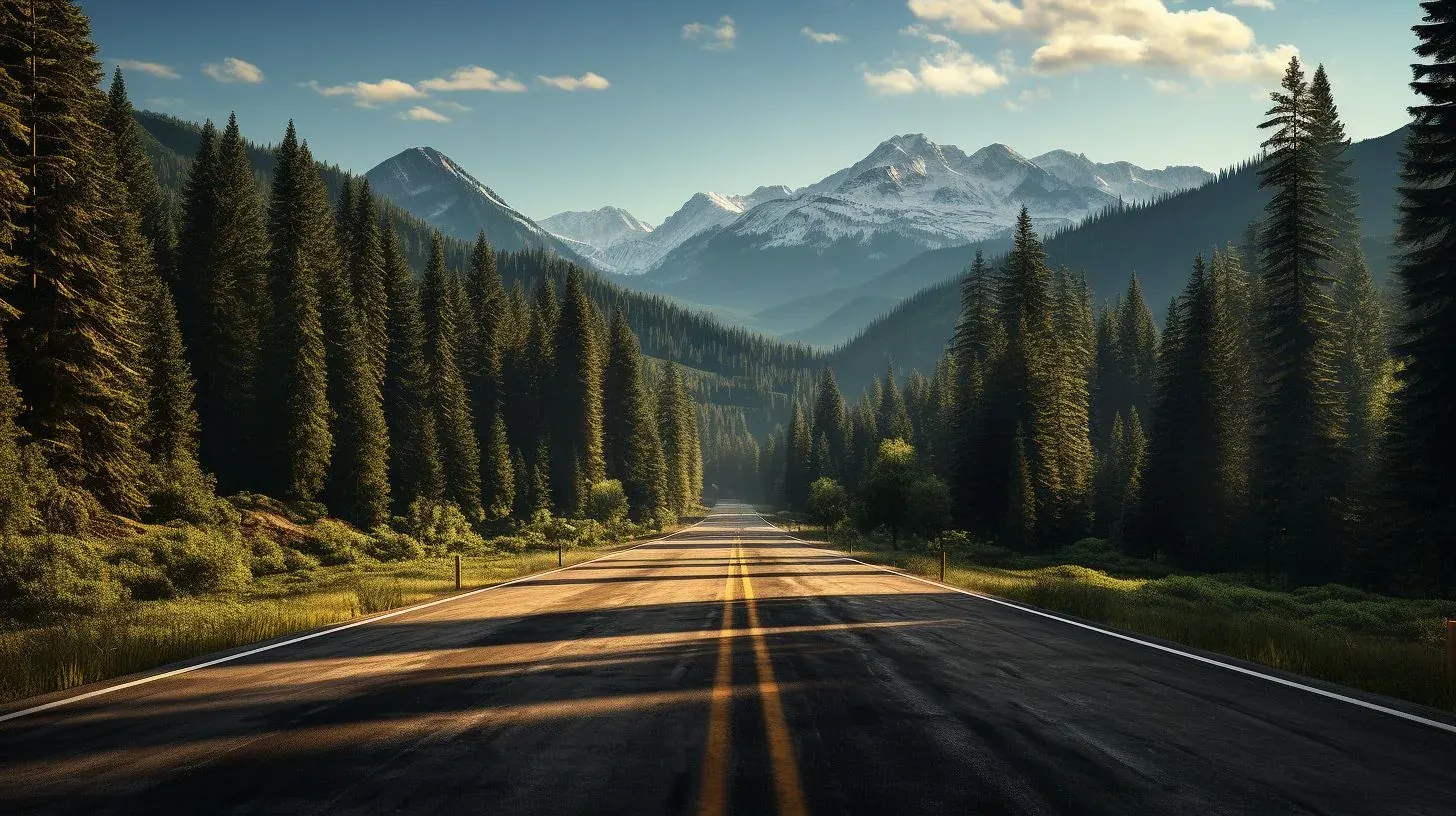Straight highway with yellow center lines stretching toward snow-capped mountains surrounded by dense coniferous forest