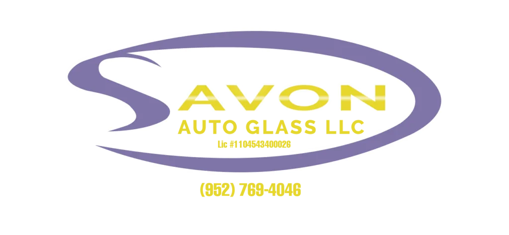 Savon Auto Glass LLC logo with purple oval design and yellow text, license number and phone number displayed