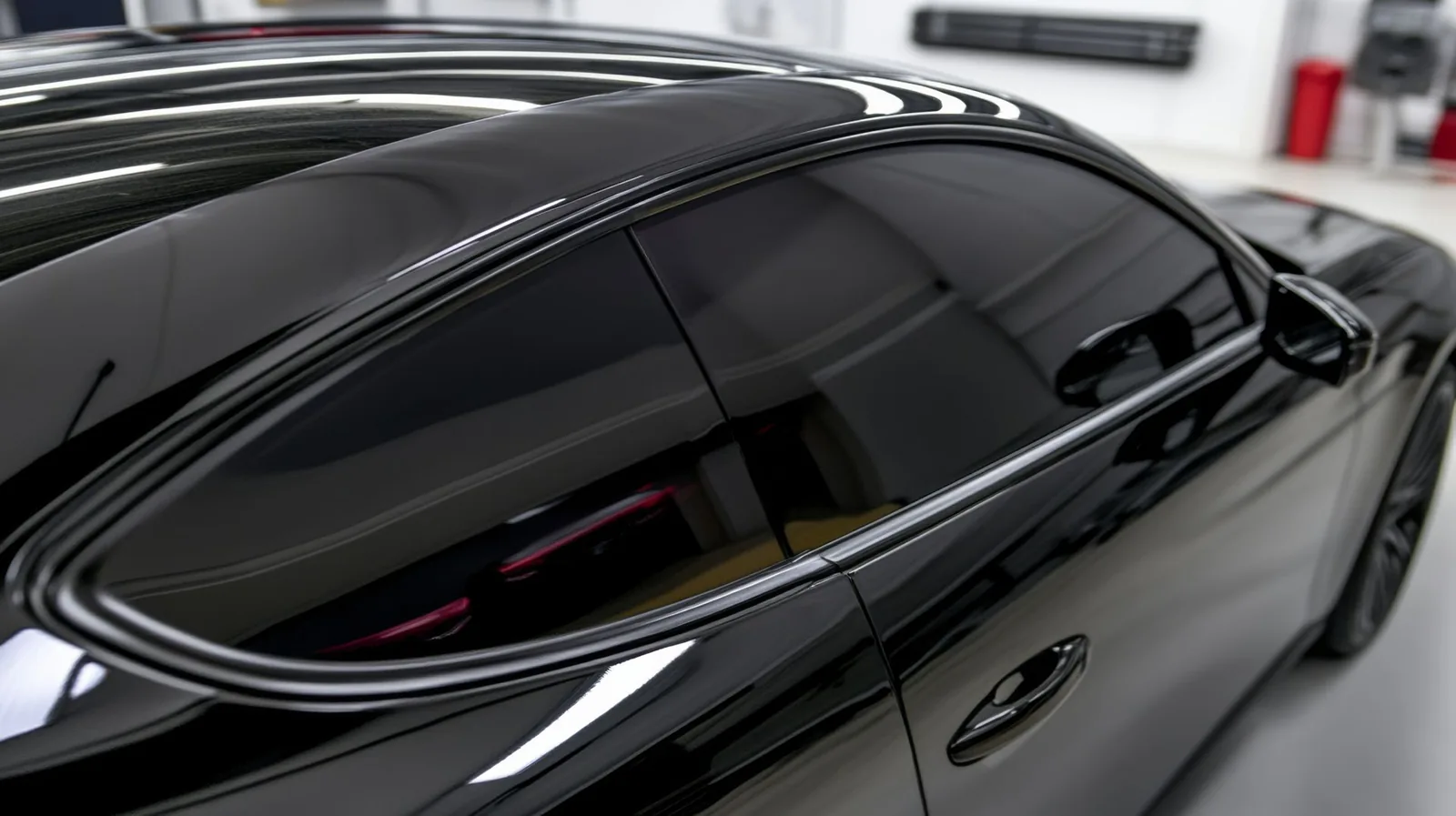 Black car with tinted windows and chrome trim detail in showroom